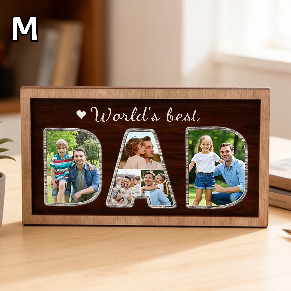cadre photo personnalisé bois marron décoration familiale texte dad world's best