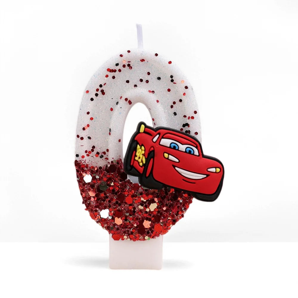 bougies anniversaire forme chiffre sequins motif voiture blanc rouge noir