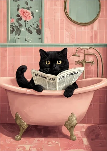 affiche toile chat noir toilettes plantes papier peint vintage humour illustration wall art decoration