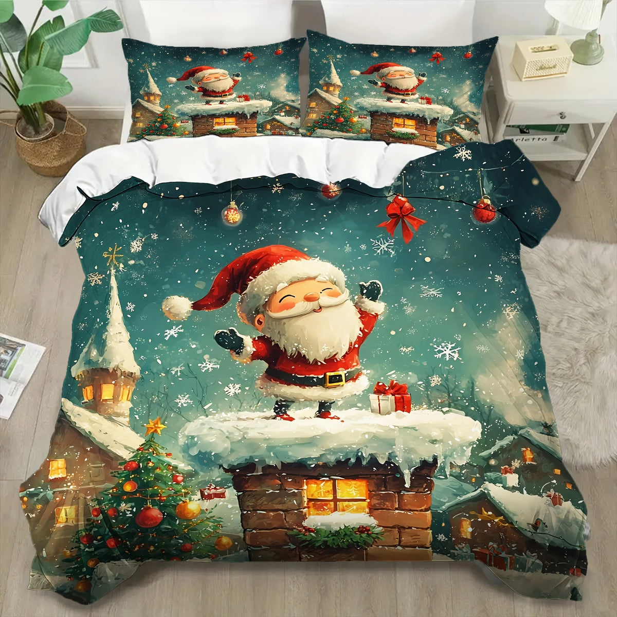 ensemble literie thème noël santa claus flocons neige vert blanc rouge