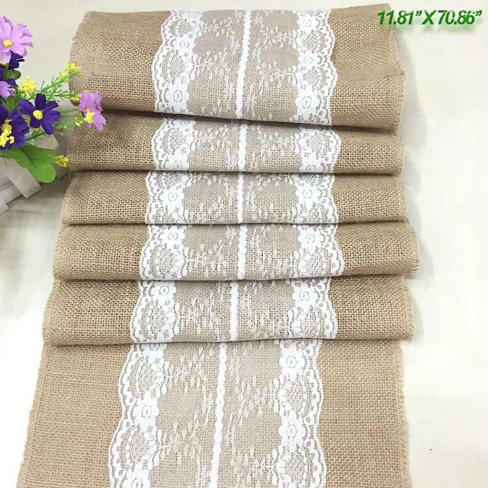 nappe table vintage jute lin dentelle bordure fleurs artificielles rustique cuisine salle manger