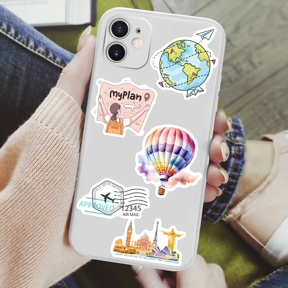 sticker voyage multicolore transparent adhésif illustration vectorielle globe caméra carte billet avion adultes adolescents