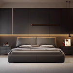 lit double moderne bois gris foncé simili cuir dossier souple chambre coucher