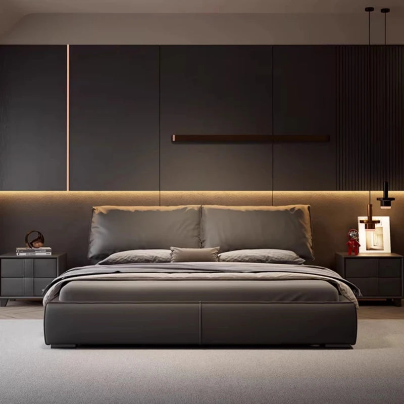 lit double moderne bois gris foncé simili cuir dossier souple chambre coucher