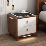 table nuit moderne bois blanc marron poignées métalliques chargeur sans fil