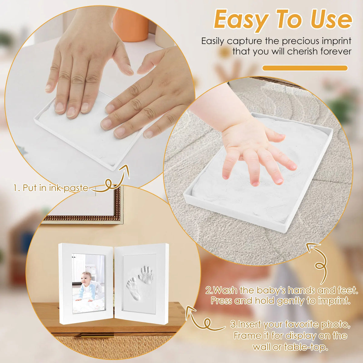 Cadre photo pliable bois blanc empreintes mains bébés souvenir classique kit encre instructions