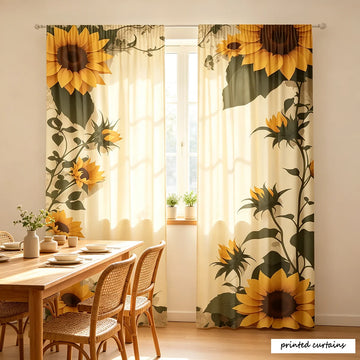 rideaux imprimés moderne fleurs tournesol jaune vert semi opaques maison