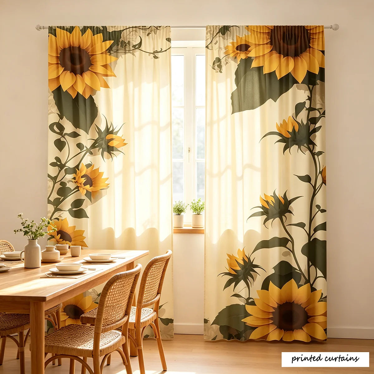 rideaux imprimés moderne fleurs tournesol jaune vert semi opaques maison