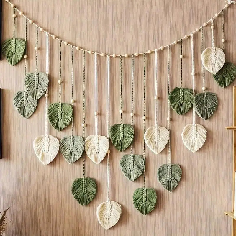 guirlande murale boho feuilles vert sauge blanc tissage macramé naturel