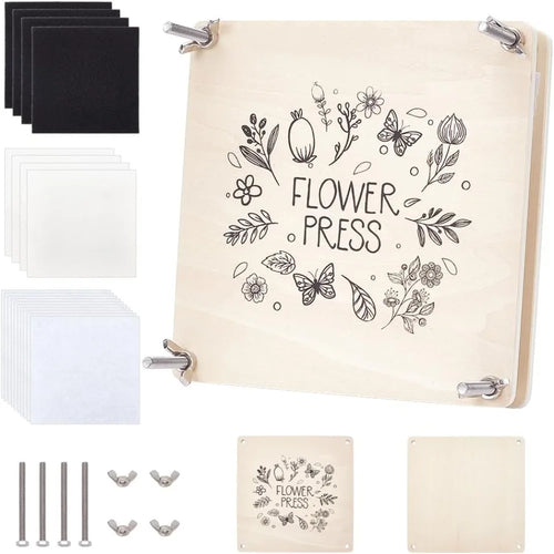presse fleurs bois gravé rustique feuilles vis écrans feutre noir papier blanc