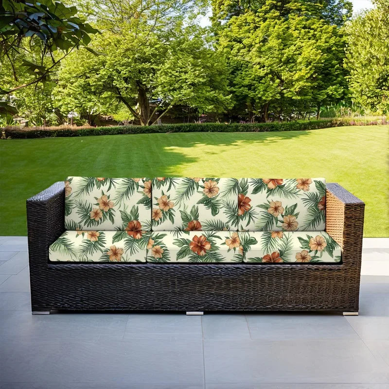 canapé extérieur moderne coussins fleurs tropicales beige vert orange printemps été polyestère lavable machine