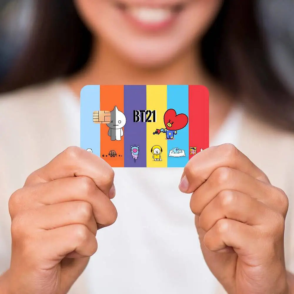 autocollants carte banque cartes modernes dessin animé personnages bt21 coeurs waterproof réutilisables bleu orange