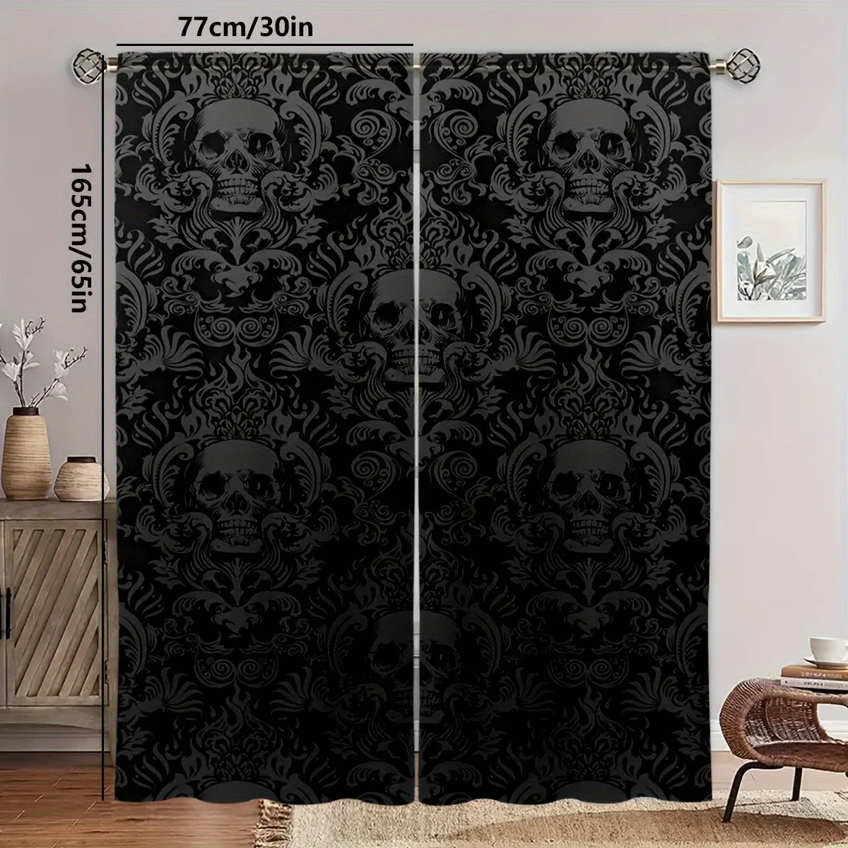rideau gothique crânes stylisés noir gris opacité moderne deux panneaux polyester chambre bureauhôtel