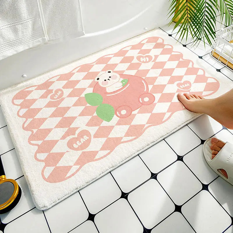 tapis sol antidérapant ours mignon carreaux géométriques rose pâle cartoon mignon adhésif protecteur polyester