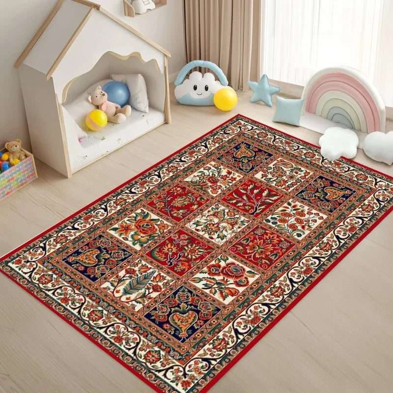 tapis rouge bleu beige traditionnel motifs floraux géométriques velours antidérapant intérieur extérieur