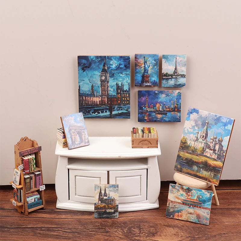 tableaux impressionnistes miniature peinture bleu blanc rouge paysages urbains cadres accessoires maison poupée