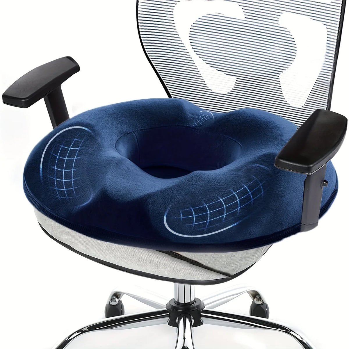 coussin donut mousse mémoire forme beignet bleu ergonomique soutien coccyx tissu polyester lavable machine