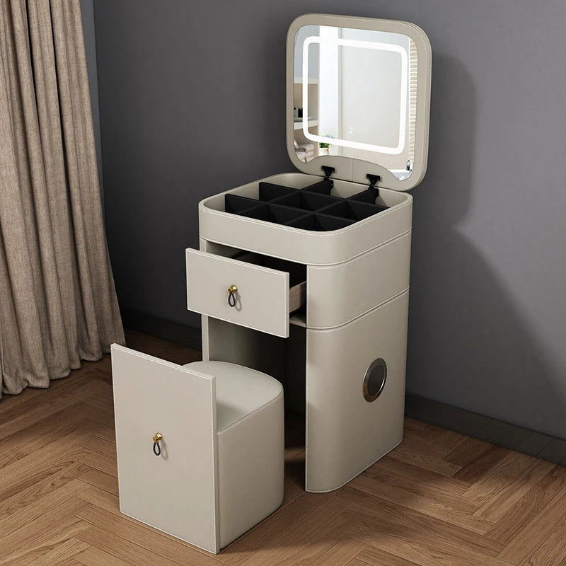 meuble rangement moderne beige clair portes tiroirs compartiments miroir lumineux minimaliste