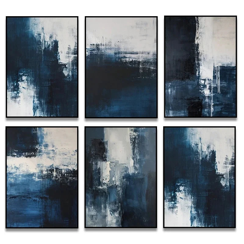 tableaux abstraits modernes bleu foncé blanc gris impression toile sans cadre aquarelle vertical decoration