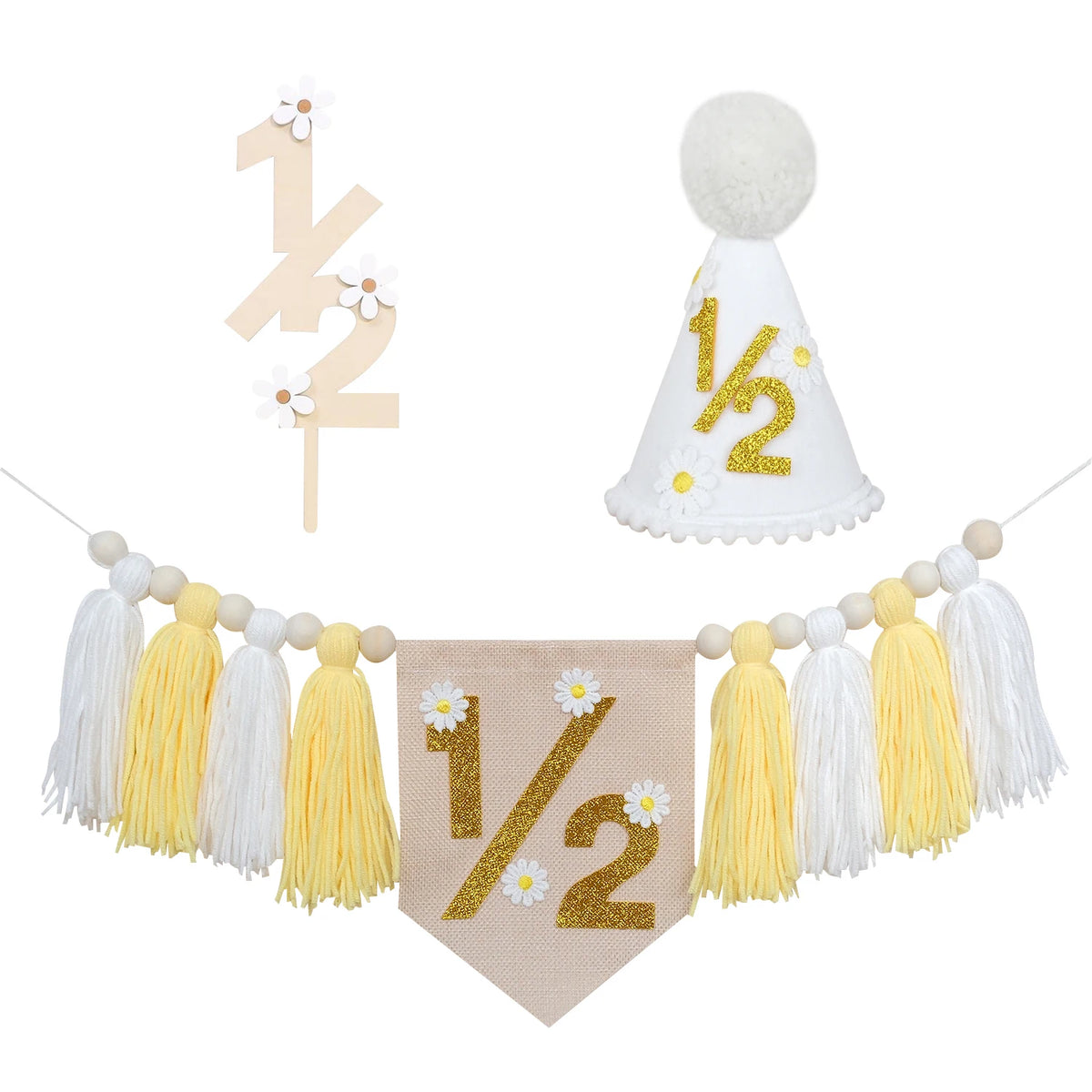 décoration anniversaire bannière chapeau conique fleurs blanches pompons gâteau floral trousseau boisclair