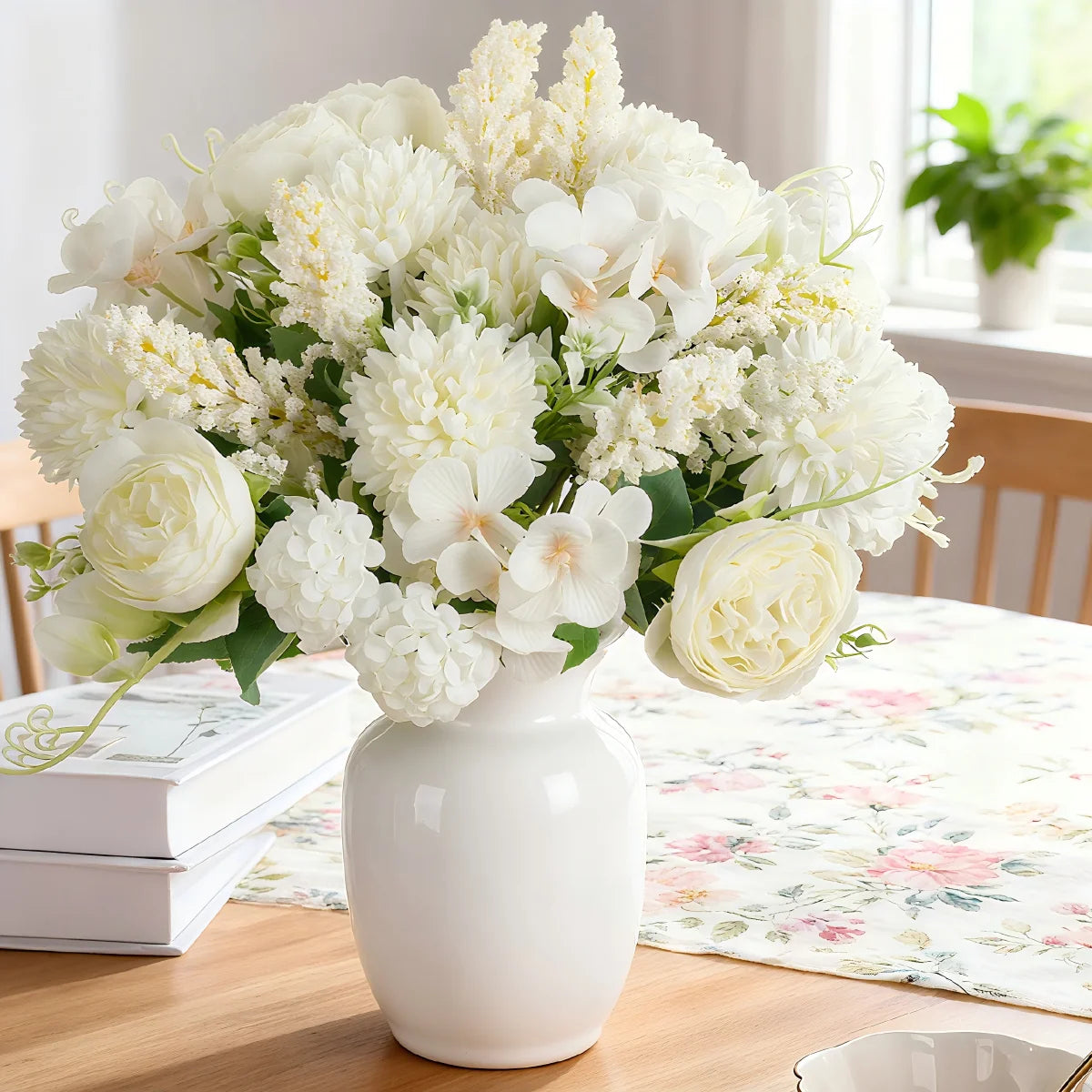 bouquet fleurs artificielles pivoines soie rose blanc violet bleu clair jaune feuillage vert décoration