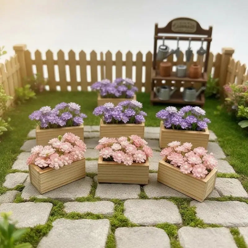 miniature plante artificielle boite bois décoration étagère violet rose bleu jaune rouge fleurs