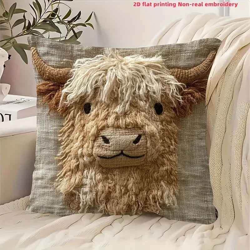 coussin imprimé 3d vache highlands moderne beige marron clair tissu polyester peacheskin décoration maison