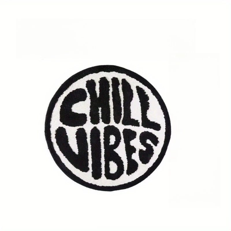 tapis rond moelleux lettres CHILL VIBES noir blanc moderne graphique 80x80cm 120x120cm