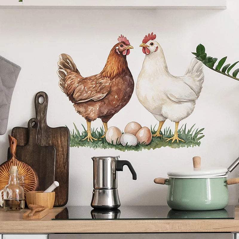 autocollant mural oiseaux coqs œufs herbe verte illustration réaliste marron blanc opacité chambre cuisine