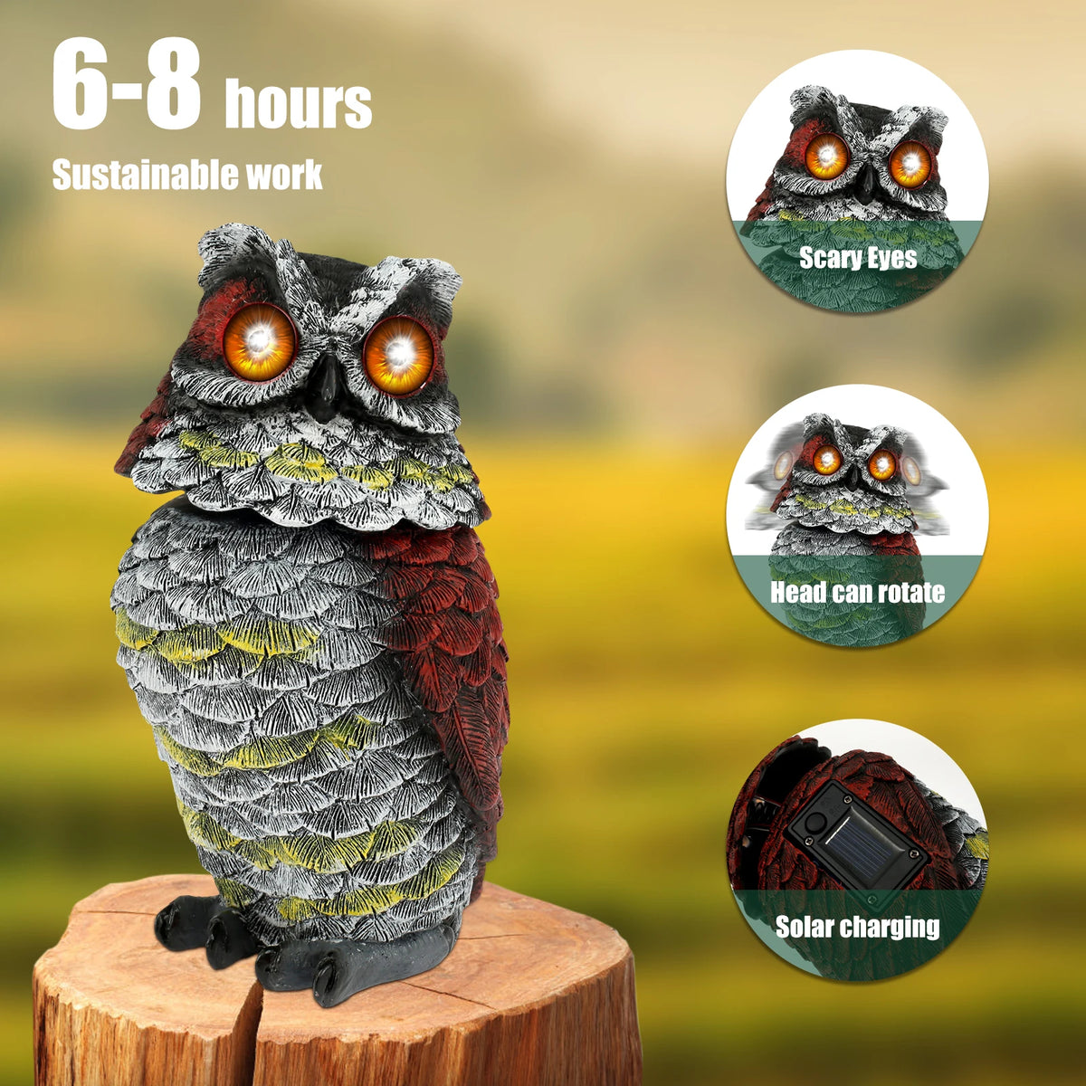 statue hibou extérieure solaire plumes texturées gris rouge jaune rustique jardin verger