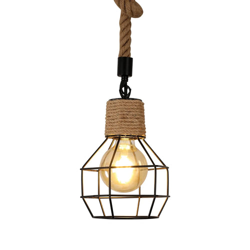 Suspension luminaire 3 lampes vintage en bois noir avec corde de chanvre