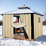 Pavillon de jardin isolé avec parois amovibles et cheminée centrale, idéal pour profiter de votre extérieur en hiver. Conçu pour créer un espace chaleureux et confortable même par temps froid, ce pavillon offre une protection contre le vent et la neige, permettant des moments de détente en plein air tout au long de l'année.