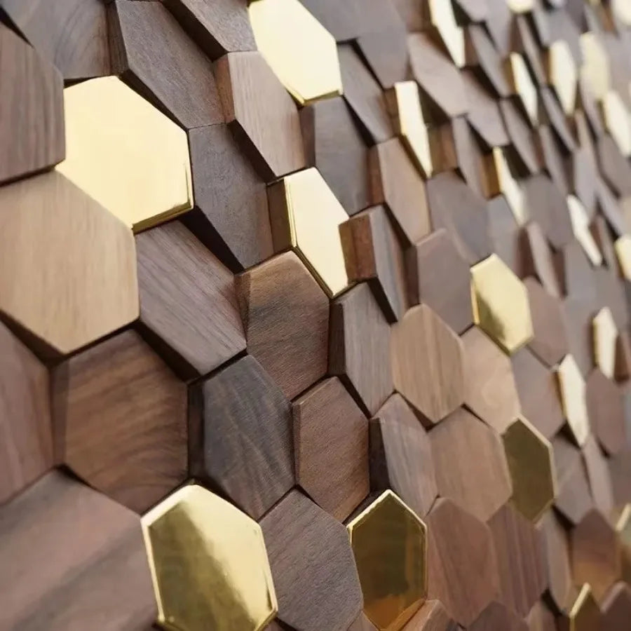 Mosaïque hexagonale moderne bois métal stickers mur marron doré autocollants 3d intérieur décoration