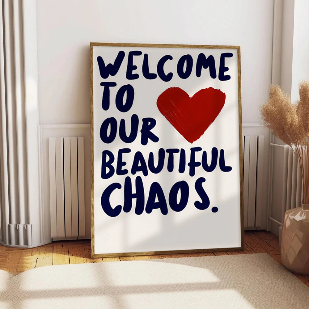 affiche moderne bienvenue chaos cœur lettre rouge texte stylé toile transparente valentin wall art