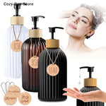 flacons savon liquide marron noir blanc rayures modernes pompes pression étiquettes bois shampoo conditioner
