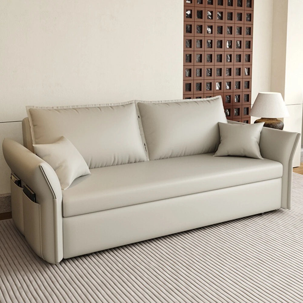 canapé lit pliable moderne canapé beige uni matelas coussins poches bois composite minimaliste chambre