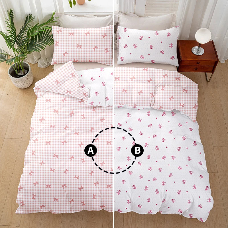 housse couette carreaux nœuds rose blanc moderne literie polyester douce 135x200cm 150x200cm 160x220cm