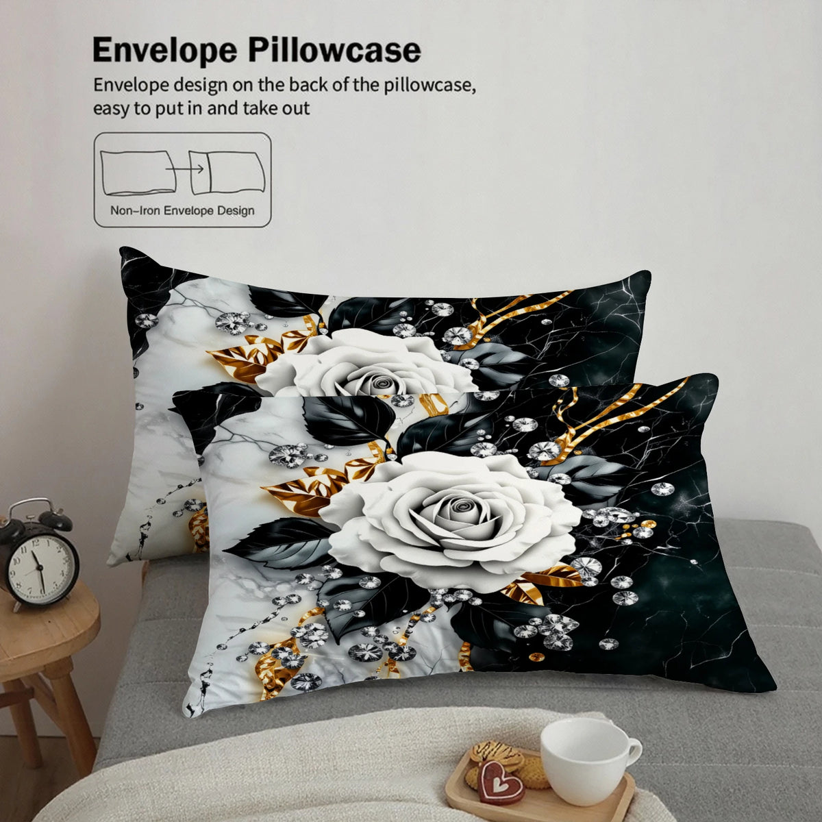 ensemble literie floral luxueux blanc noir or taies d'oreiller fermeture éclair couverture sans garniture
