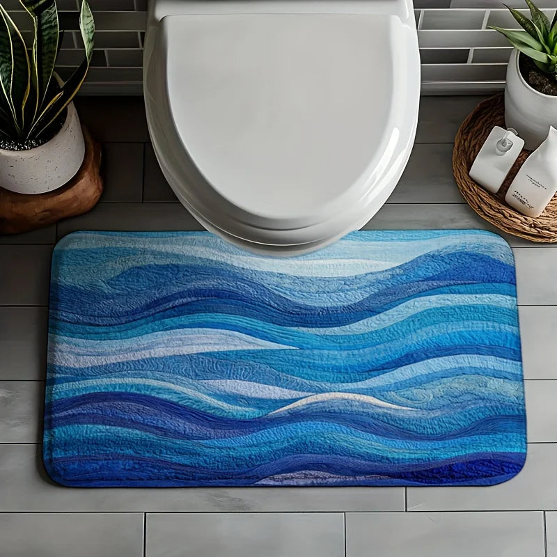tapis moderne bleu rayures ondulées imperméable antidérapant bain entrée salon extérieur