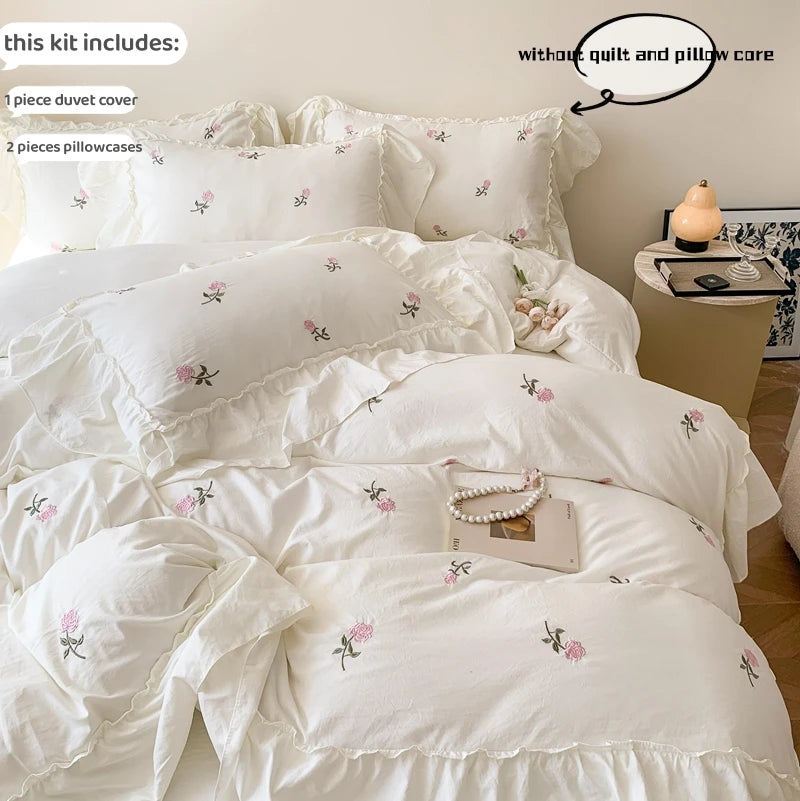 Ensemble housse de couette brodée roses style princesse