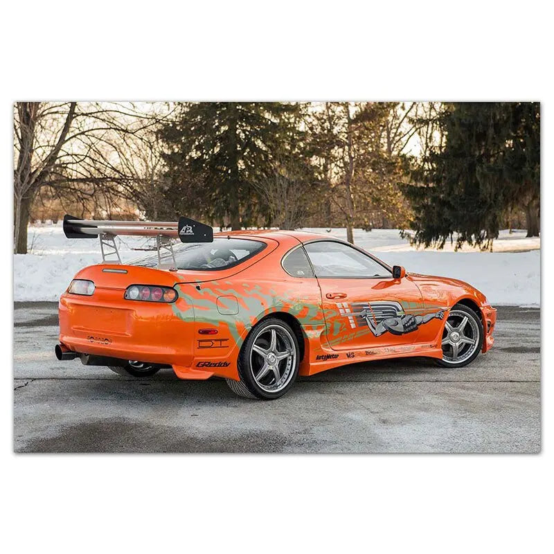 peinture toile voiture sportive orange rayures noires blanches moderne salon
