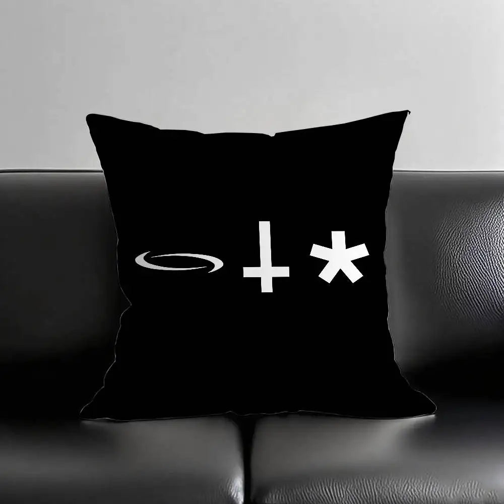 taie d'oreiller polyester motif géométrique moderne coussin carré noir symboles blancs étoile croix spirale