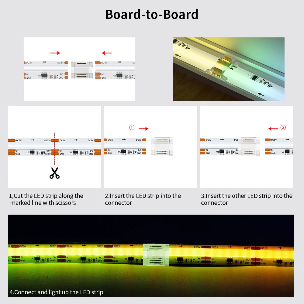 rubans led cob connecteurs clips transparents jaune rouge moderne technologique câbles 24v certifiés cee