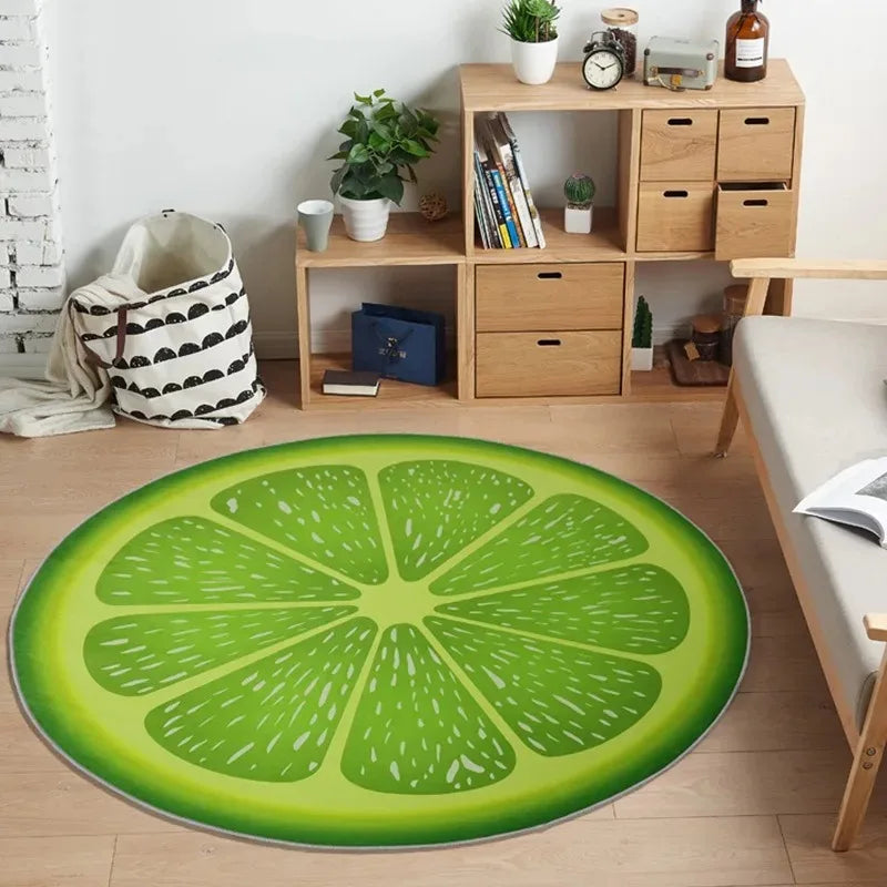 tapis rond fruits coloré moderne salon chambre enfants sol décor éco rouges verts oranges