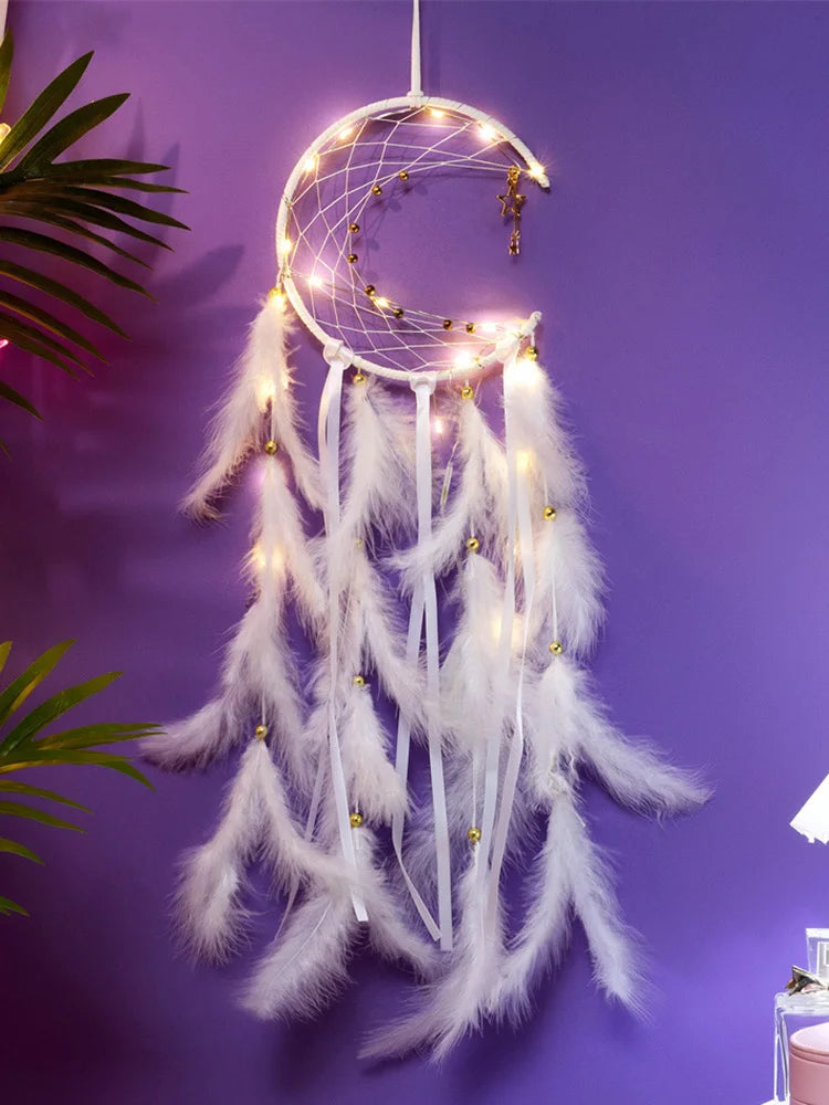 attrape rêves plumes lune boho rose bleu blanc décoratif chambre fil suspendu