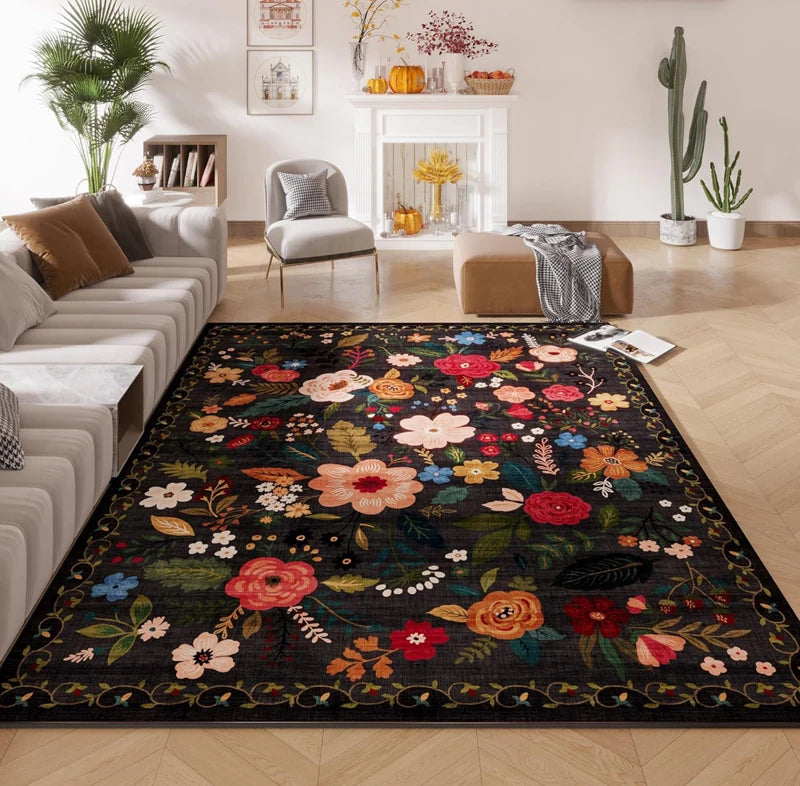 tapis moderne floral noir rose orange salon chambre antidérapant lavable polyester geometrique