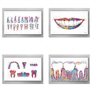 tableaux decoratifs dentaires aquarelle modernes blanc bleu rouge jaune violet vert illustrations anatomiques cotes