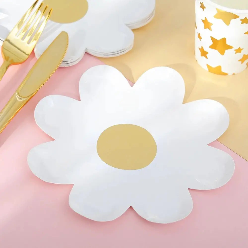 assiettes jetables fleurs dorées blanc vert jaune rose violet moderne fête enfants