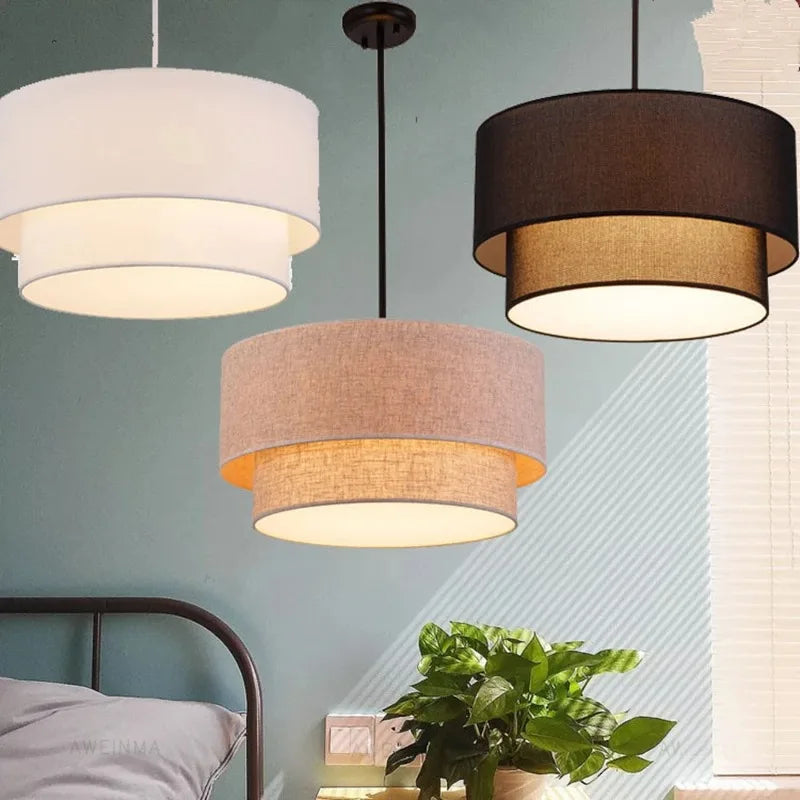 lampe suspendue moderne tissu lin beige noir salon chambre minimaliste