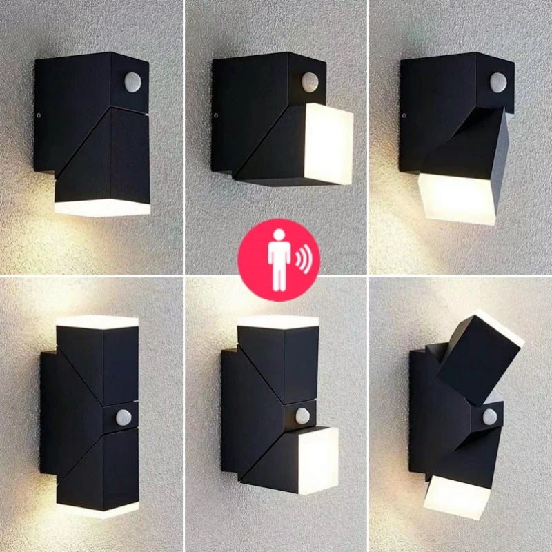 Eclairage extérieur led applique murale contemporaine motion sensor noir minimaliste 340deg rotation